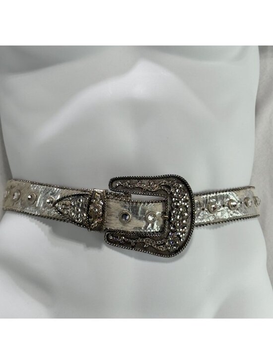 Leatherock USA Metallic Silver Leather Crystal Scroll Buckle Belt Size 34 LEATHEROCK 34 Size Belts for Women for sale | eBay main image 2